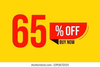 65% sale offer. Special offer discount label with sale percentage. 65 percent off price reduction badge. Promotion design isolated vector illustration, red and yellow.