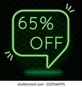 65% sesenta y cinco por ciento de descuento. contorno verde neón. fondo de ladrillos negros. banner comercial de venta. moda comercial