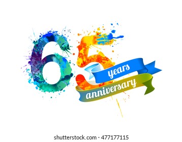 65 (sixty five) years anniversary. Vector watercolor splash paint