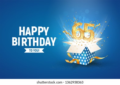 65 th years anniversary banner with open burst gift box. Template sixty fifth birthday celebration and abstract text on blue background vector Illustration