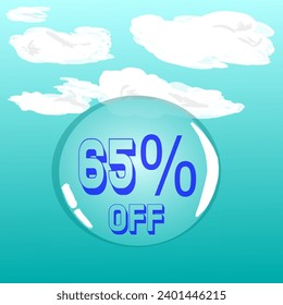 65% transparent soap bubble in blue sky for discount and promotion, blue and white colors