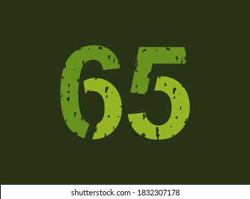65 vector number made of grungy, grunge texture. Rubber stamp imprint style. For logo, brand label, poster, design elements etc.