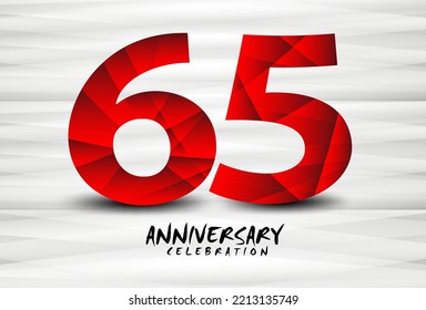 65 Year Anniversary Celebration Logo red polygon vector, 65 Number Design, 65th Birthday Logo, Logotype Number, Vector Anniversary For Celebration, Invitation Card, And Greeting Card 