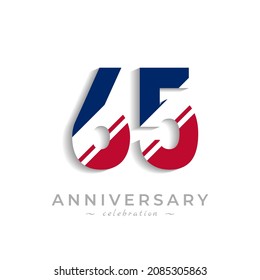 65 Year Anniversary Celebration with White Slash in Red and Blue American Flag Color. Happy Anniversary Greeting Celebrates Event Isolated on White Background