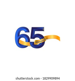 65 Year Anniversary Celebration with yellow ribbon Design, Number vector template