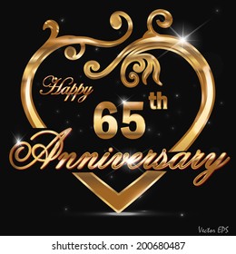 65 year anniversary golden heart, 65th anniversary decorative golden heart design - vector eps10