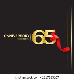 65 year anniversary logo template on black background. golden numbers with red ribbon vector