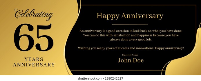 65 years anniversary, a banner speech anniversary template with a gold background combination of black and text that can be replaced