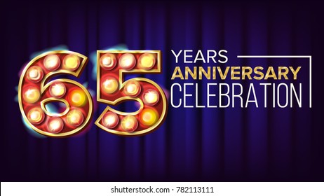 65 Years Anniversary Banner Vector. Sixty-five, Sixty-fifth Celebration. Vintage Golden Illuminated Neon Light Number. For Traditional Company Birthday Design. Classic Blue Background Illustration