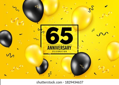 65 years anniversary. Anniversary birthday balloon confetti background. Sixty five years celebrating icon. Celebrate yellow banner. Birthday party balloon background. Age in a frame box. Vector