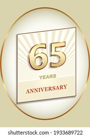 65 years anniversary, birthday card with 65th in gold color, vector design for celebration, invitation and greeting card, logo, template.