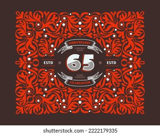 65 years anniversary celebration card with floral ornament in vintage style. Red and white colors on dark background