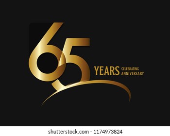 65 years anniversary celebration design. anniversary logo with swoosh and golden color isolated on black background, vector design for greeting card and invitation card.