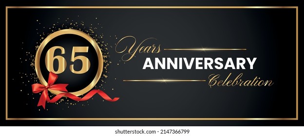 65 Years Anniversary Celebration Gold and Black Color Vector. anniversary celebration logotype with elegant modern number gold color for celebration, gold anniversary celebration, bow, ribbon, luxury.
