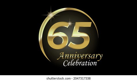 65 years anniversary celebration. Anniversary logo with ring in golden color isolated on black background with golden light, vector design for celebration, invitation card and greeting card