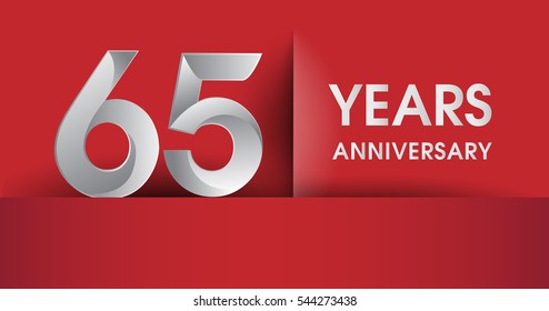 65 Years Anniversary celebration logo, flat design isolated on red background, vector elements for banner, invitation card and birthday party.