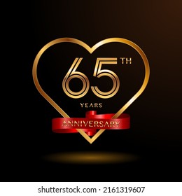 65 years anniversary celebration logotype with gold color and ribbon for booklet, leaflet, magazine, brochure poster, banner, web, invitation or greeting card. Vector illustrations.