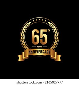 65 years anniversary celebration logotype with golden laurel and wreath, for booklet, leaflet, magazine, brochure poster, banner, web, invitation or greeting card. Vector illustrations.