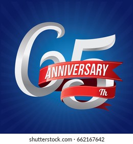 65 years anniversary celebration logotype. 65th silver number with red ribbons on blue background