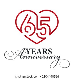 65 years anniversary celebration number sixty five bounded by a loving heart red modern love line design logo icon white background