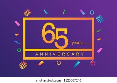 65 years anniversary celebration white square style isolated with colorful confetti background, design for anniversary celebration.
