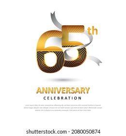 65 Jahre Jubiläum kreative Logo-Vorlage mit Band. Plakatvorlage für 65. Veranstaltung. Design für Banner, Magazine, Broschüren, Web, Einladung oder Grußkarte. Vektorgrafik