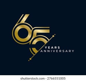 65 Years Anniversary design vector illustration. Unique 65 years logo design template. In gold color