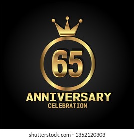 65 years Anniversary with golden font, circle and crown. Simple design with crown on top circle and number in center circle. Elegant, luxury, and simple design. My all design can see in my portofolio