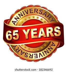 65 years anniversary golden label with ribbon.  Vector illustration.