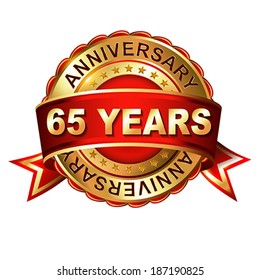 65 years anniversary golden label with ribbon.  Vector illustration.