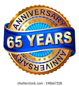 65 years anniversary golden label with ribbon.  Vector illustration.