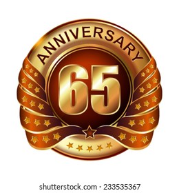 65 years anniversary golden label with ribbon. Vector illustration.