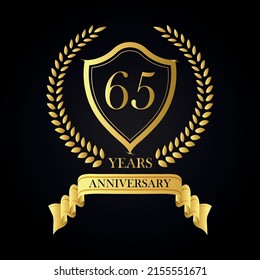 65 years anniversary golden laurel wreath, Anniversary label set, Vector set of anniversary golden signs logo, 65 anniversary luxury design template vector