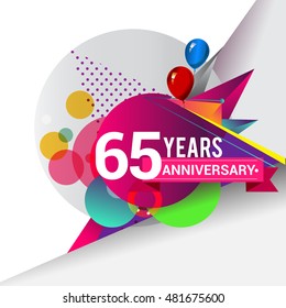 65 Years Anniversary logo with balloon and colorful geometric background, vector design template elements for your birthday celebration.