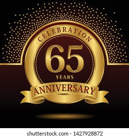 65 years anniversary logo celebration with ring and ribbon, on dark background, vector template.