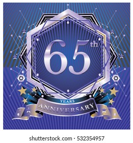 65 years anniversary logo celebration with ring and ribbon. Symbol and template for greeting card