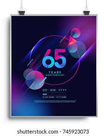 65 Years Anniversary Logo with Colorful Galactic background, Vector Design Template Elements for Invitation Card and Poster Your Birthday Celebration.