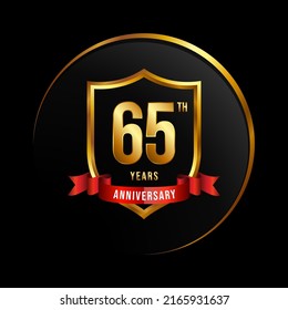 65 years anniversary logo with golden shield and ribbon for booklet, leaflet, magazine, brochure poster, banner, web, invitation or greeting card. Vector illustrations.