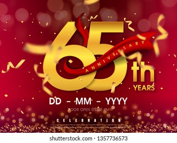 65 years anniversary logo template on gold background. 65th celebrating golden numbers with red ribbon vector and confetti isolated design elements