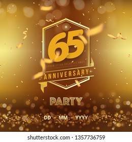 65 years anniversary logo template on gold background. 65th celebrating golden numbers with ribbon and confetti isolated design elements.
