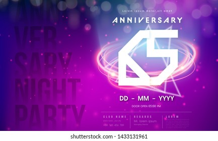 65 years anniversary logo template on purple Abstract futuristic space background. 65th modern technology design celebrating numbers with Hi-tech network digital technology concept design elements.