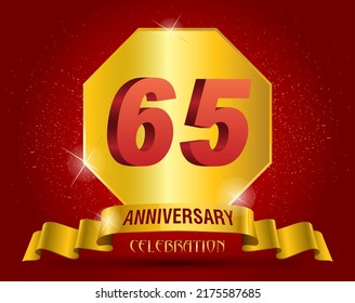 65 years anniversary logo template. Red numbers with golden ribbon.