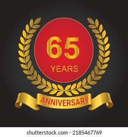 65 years anniversary logo template. gold numbers with golden ribbon.