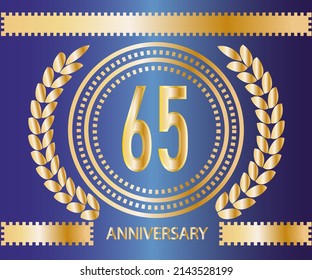 Logo für 65 Jahre. Vektorgrafik und Illustration auf goldenem und blauem Hintergrund