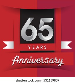 65 years anniversary logo with white ribbon isolated on red background, flat design style, Vector template elements for birthday celebration.