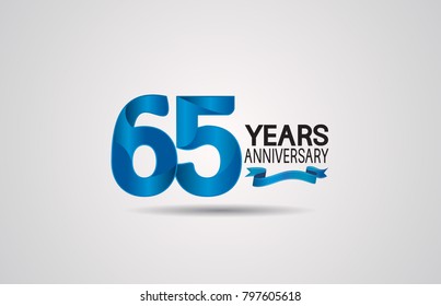 65 years anniversary logotype design with blue color and ribbon isolated on white background for celebration event