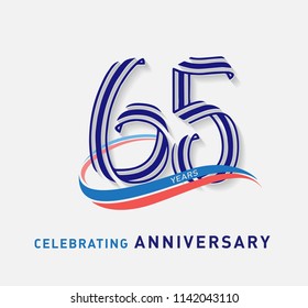 65 years Anniversary ribbon shape numbers with swoosh. Celebrating 65  years anniversary event party template.