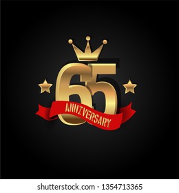 65 years Anniversary simple design with golden font, star and crown and red ribbon. Red ribbon and golden text on top golden number. My all design can see in my portofolio