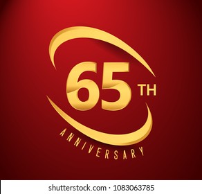 65 years anniversary with swoosh design golden color isolated on red background for anniversary celebration