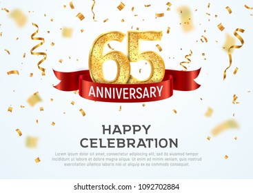 65 years anniversary vector banner template. Sixty-five year jubilee with red ribbon and confetti on white background